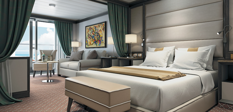 The Deluxe Veranda Suite of Silver Muse is furnished with a queen-sized bed and has a teak veranda with patio furniture and f