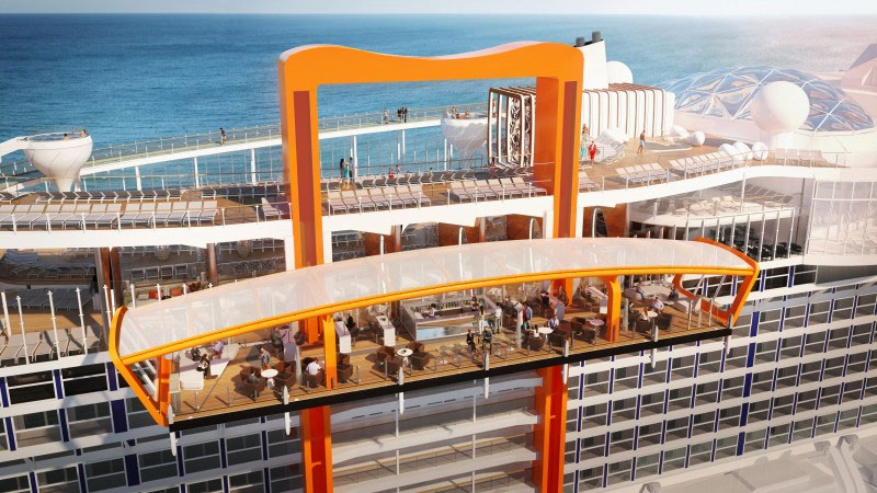 A rendering of Celebrity Edges new Magic Carpet area which moves up and down the side of the ship 