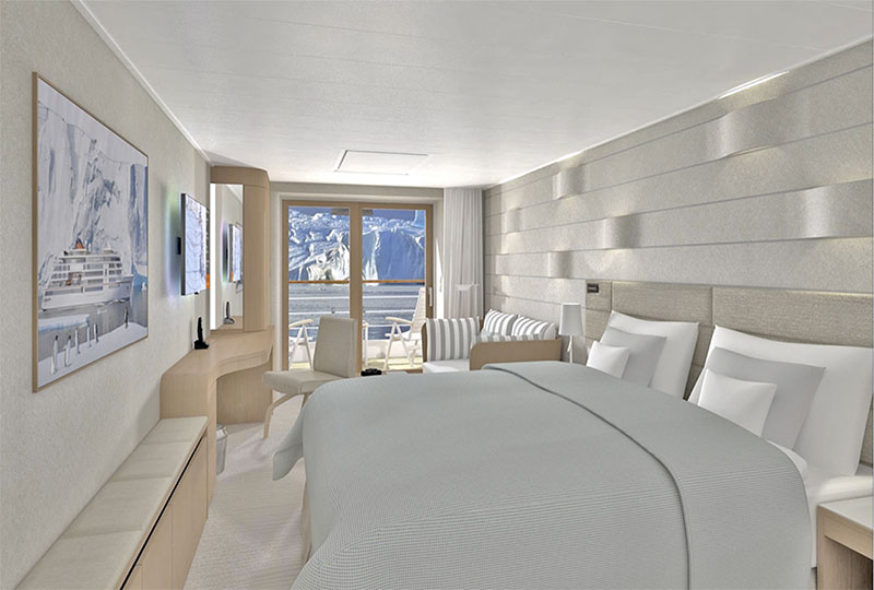 A rendering of a balcony cabin onboard the new Hanseatic Inspiration