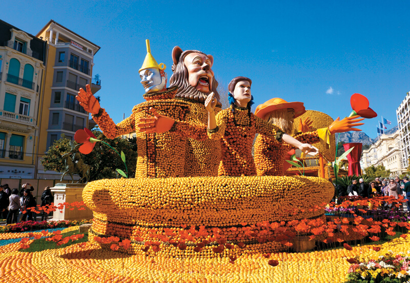 The annual Citrus Festival in nearby Menton includes floats made largely of oranges and lemons