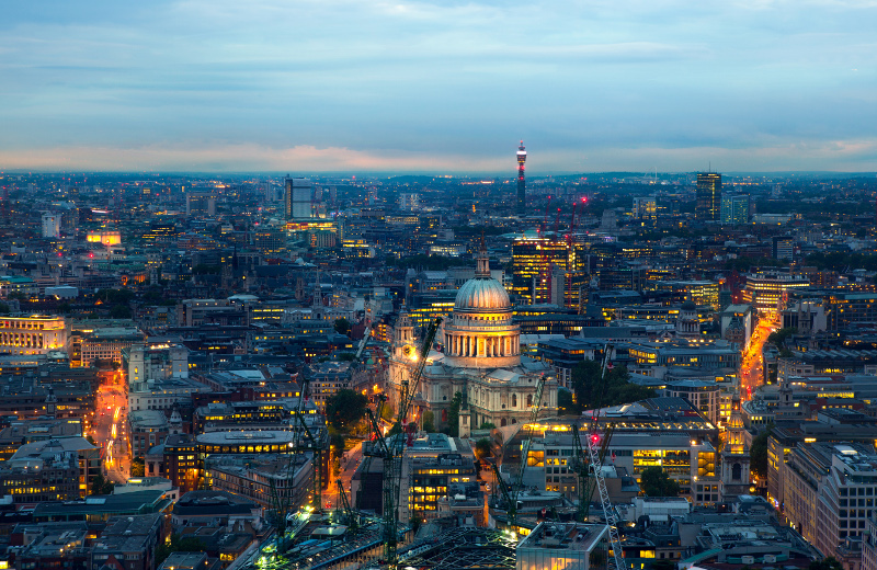 A view over the London rooftops at night