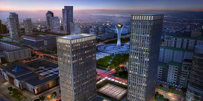 A view of the Astana Kazakhstan skyline with The Rtiz-Carlton