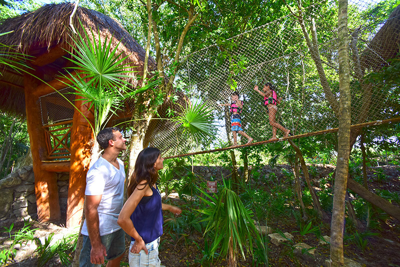 Children walking on a rope bridge in the jungle