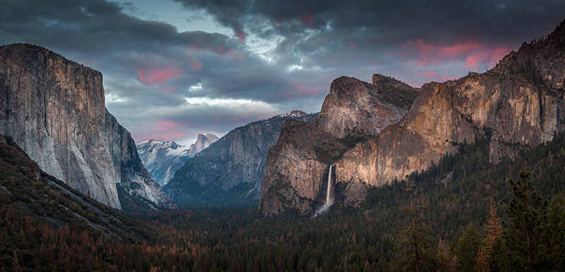 Valley and waterfall in Yosemite National Park