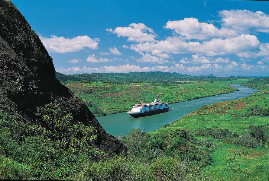 Aerial view of a Holland America Line ship cruising through the Panama Canal