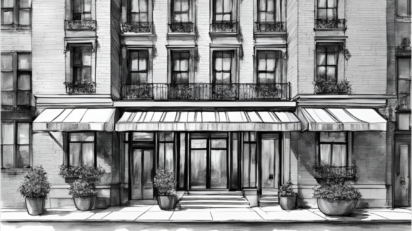 black and white sketch of a hotel