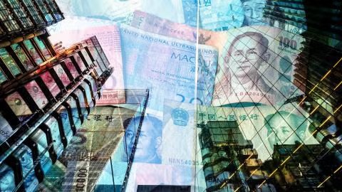 skyscrapers with foreign currency