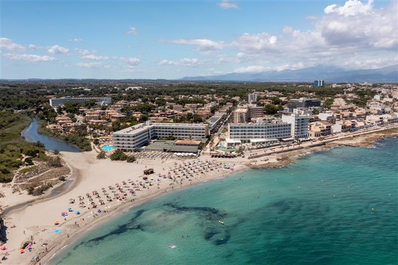 Aerial photo of the beach front in the village of Can Picafort Majorca