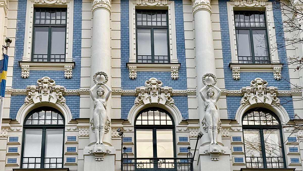 blue Art Nouveau building in Riga Latvia