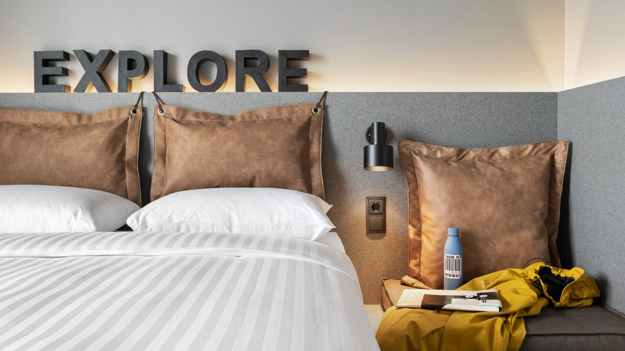A guestroom at the Marriott Moxy Tromso