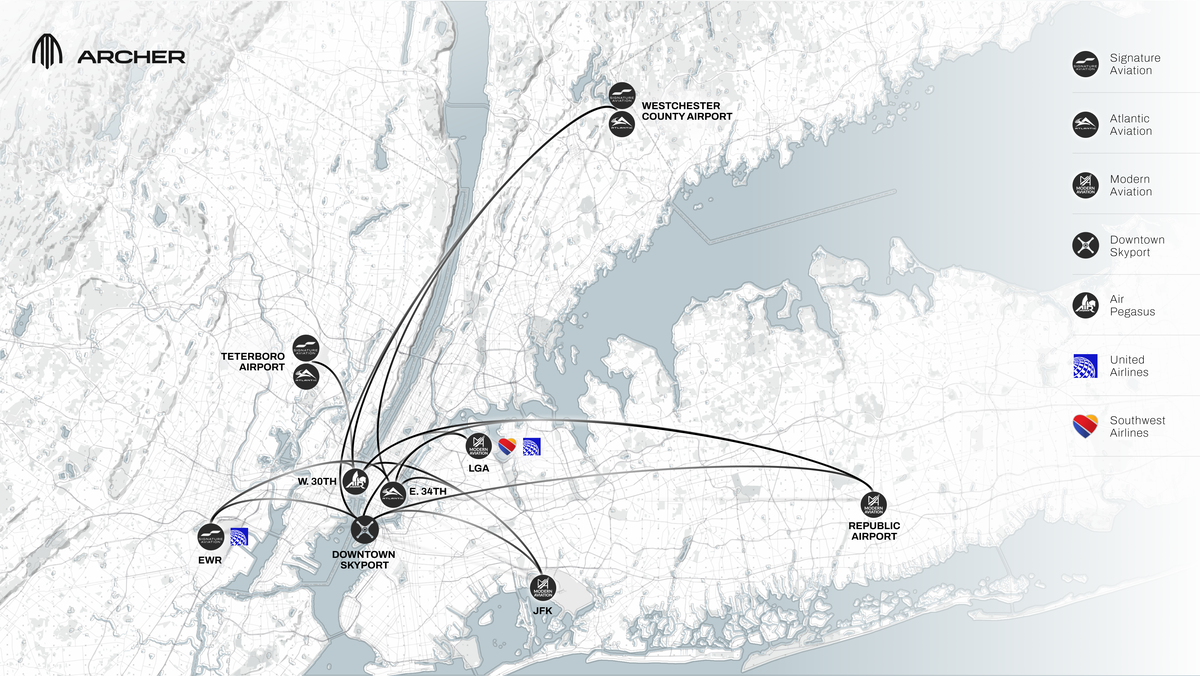 Archer Aviation IncNetworkMapNew York CityElectric Air Taxi Network