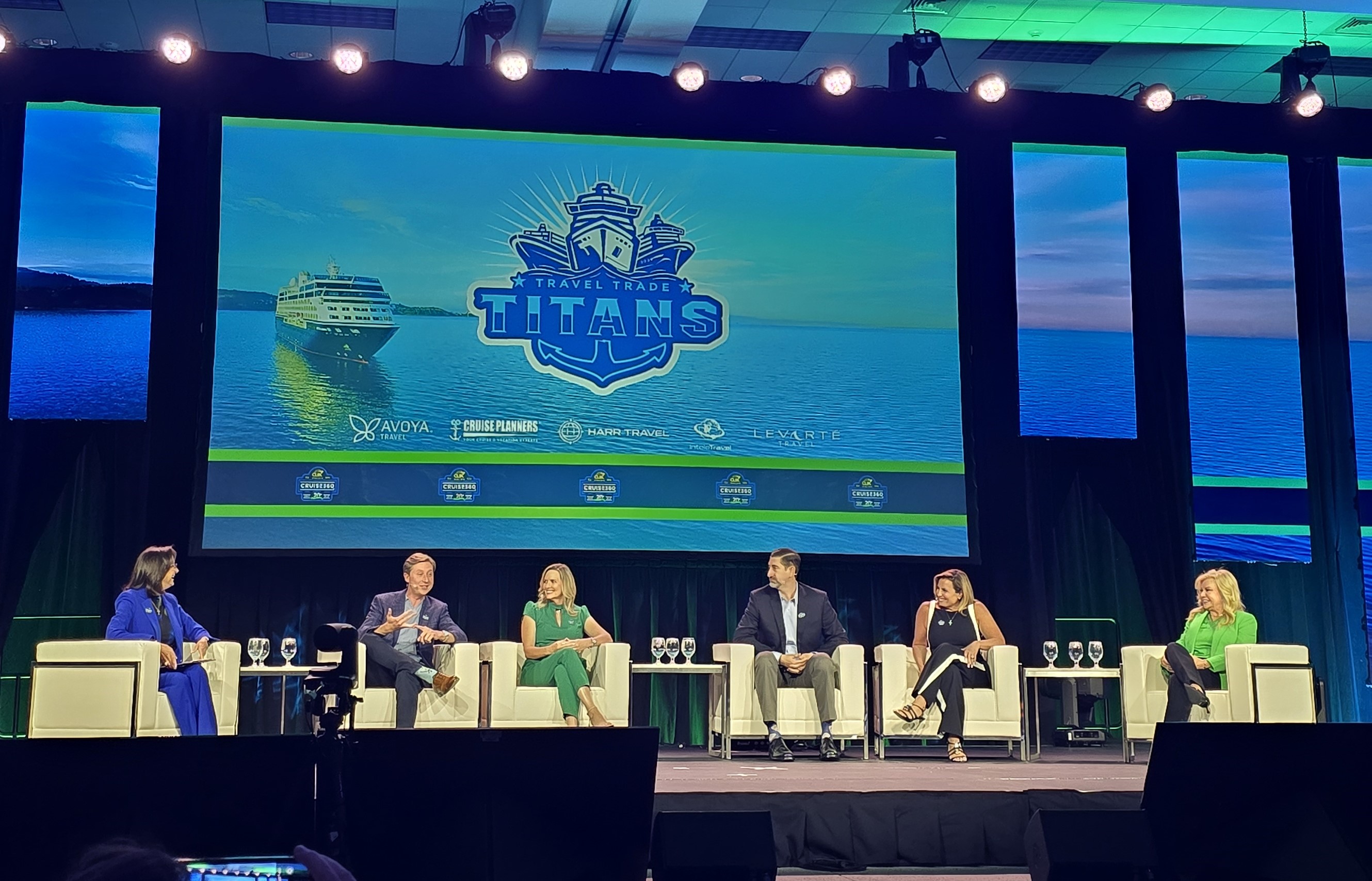 Dondra Ritzenthaler CEO Azamara moderates the Travel Trade Titans panel discussion at CLIAs Cruise360 conference in 202