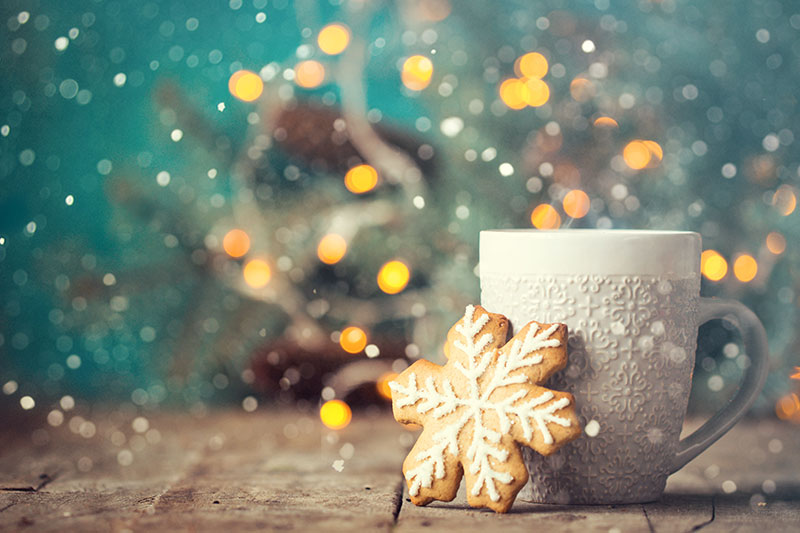Christmas or New Year composition with cocoa marshmallows gingerbread cookies and christmas decorations