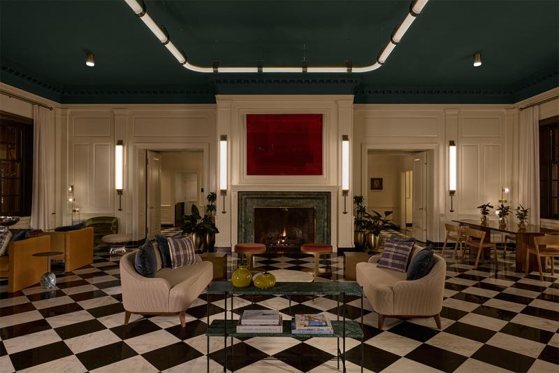 Lobby and fireplace
