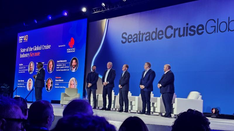Executives speak at the Seatrade Cruise Global conference's State of the Industry general session.