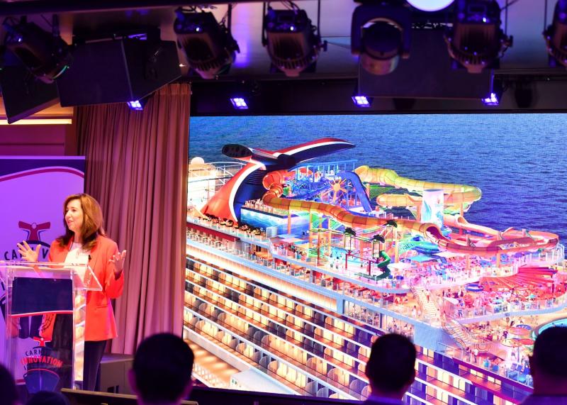 Christine Duffy details what's planned by Carnival Cruise Line for new ships, deployment and guest loyalty at a presentation on Carnival Celebration.