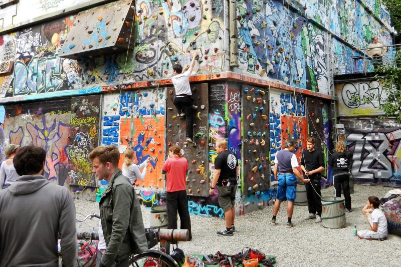 This graffiti-covered WWII bunker is now the city's largest climbing wall.