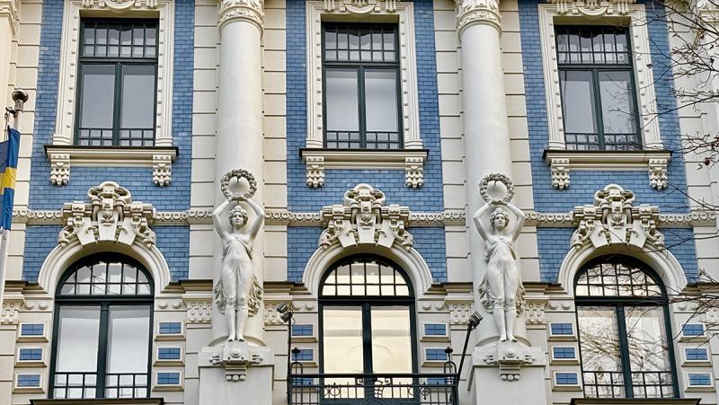 blue Art Nouveau building in Riga, Latvia