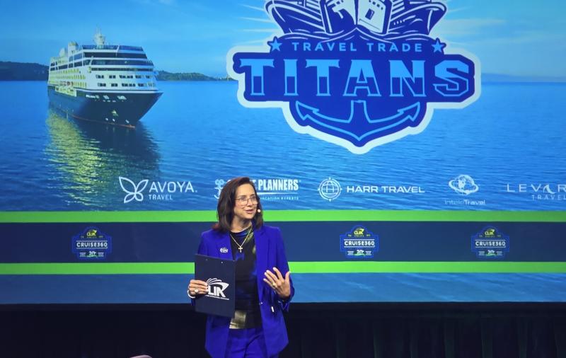 Dondra Ritzenthaler, CEO, Azamara, moderates the "Travel Trade Titans" panel discussion at CLIA's Cruise360 conference in 2025..