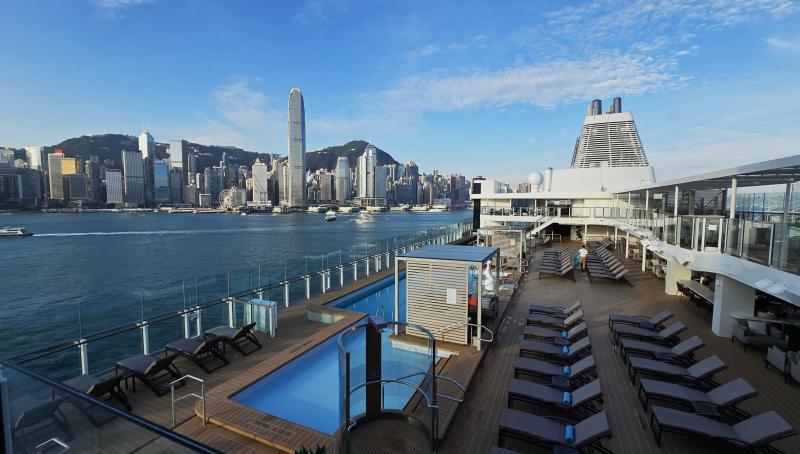 Silversea's Silver Nova has a horizontal layout, so the pool is closely positioned to one side for more stunning scenic views, such as in Hong Kong.