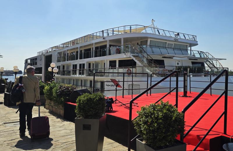 Viking Sobek is docked at Luxor, Egypt, with the red carpet stage ready for its christening. 