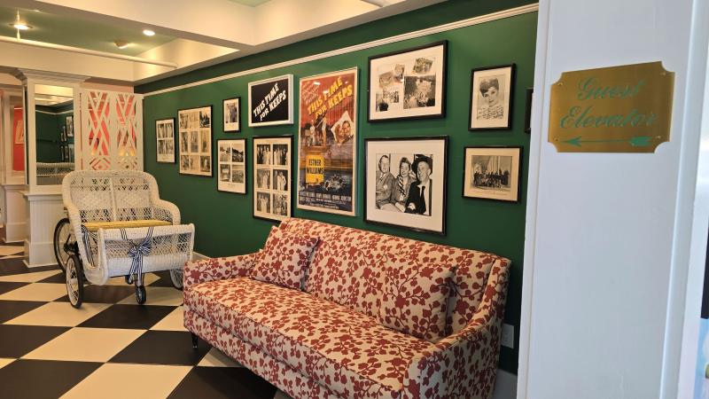 Historic artifacts, photographs and memorabilia line the lower level public corridor of The Grand Hotel. Here are some items from This Time for Keeps, a movie filmed on site with Jimmy Durante and Esther Williams.