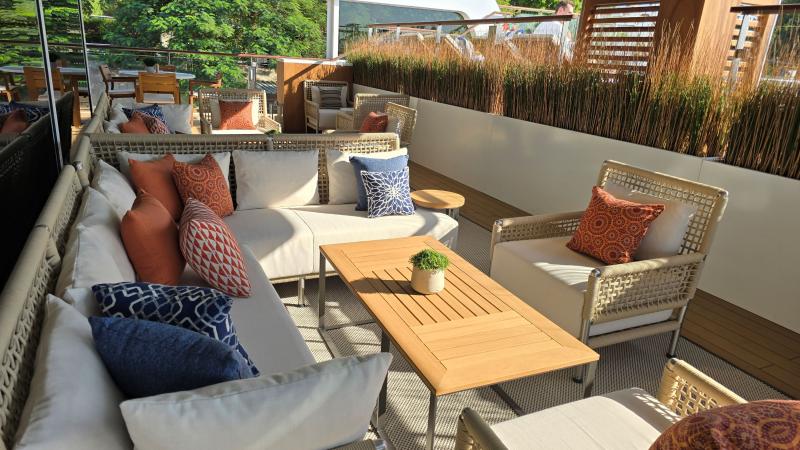 The top Sun Deck of Viking Sobek has many comfortable seating enclaves under canvas for sun protection. 