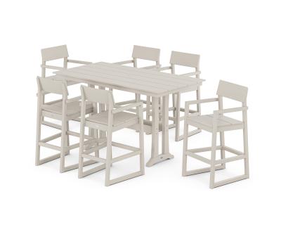 POLYWOOD EDGE Arm Chair 7-Piece Farmhouse Bar Set with Trestle Legs in Sand