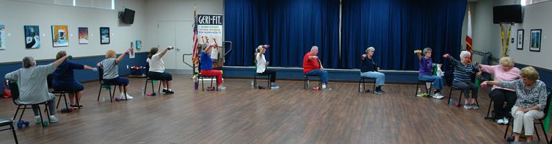 image of seniors raising one arm with a weight