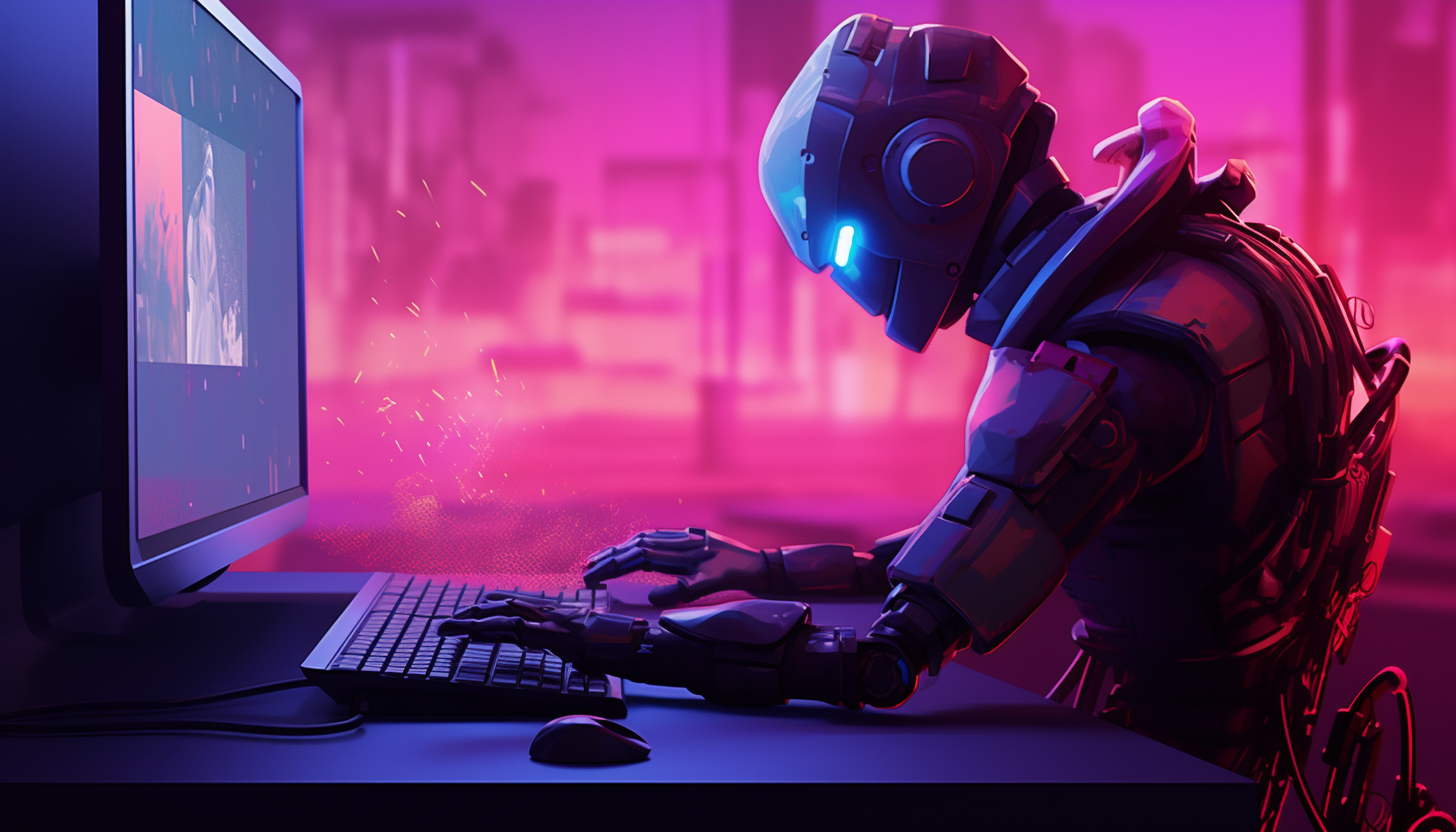 A robot trying to break into a laptop computer