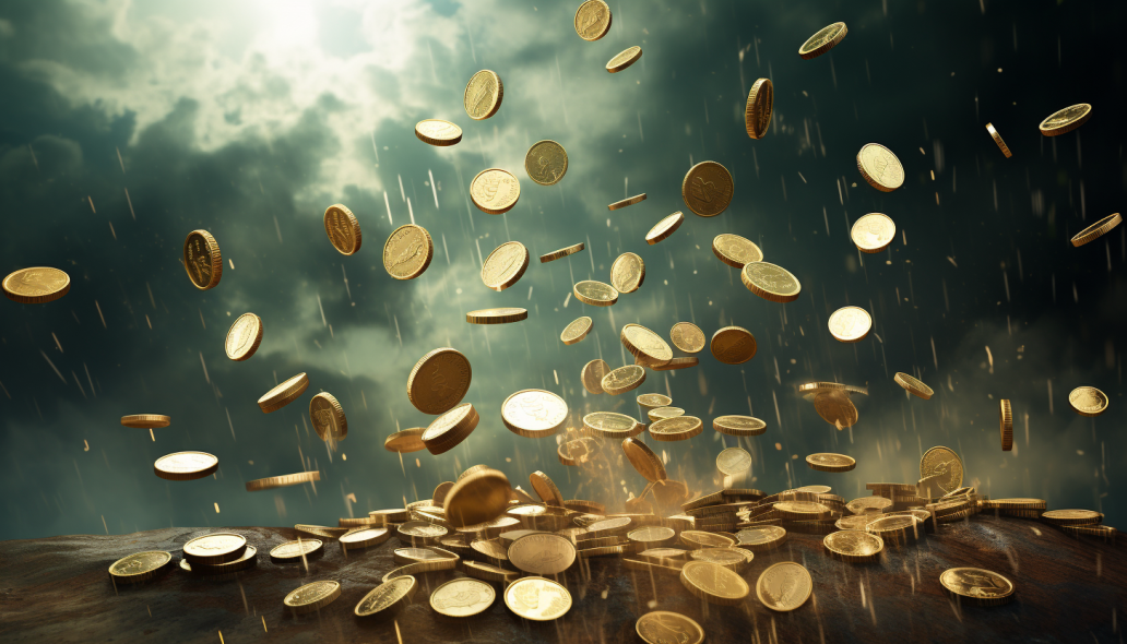 Money falling from clouds