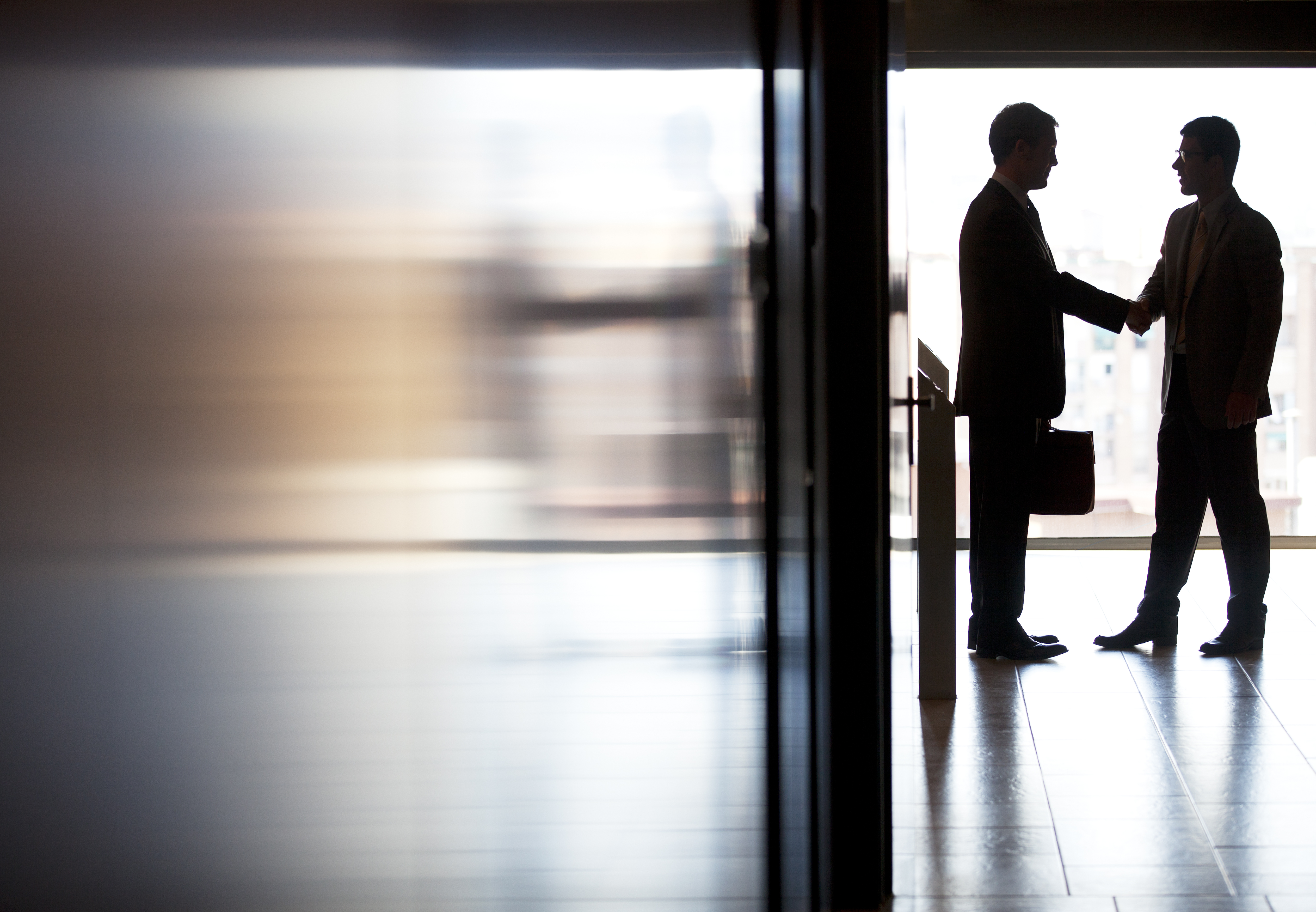 Two businessmen shaking hands in a hallway