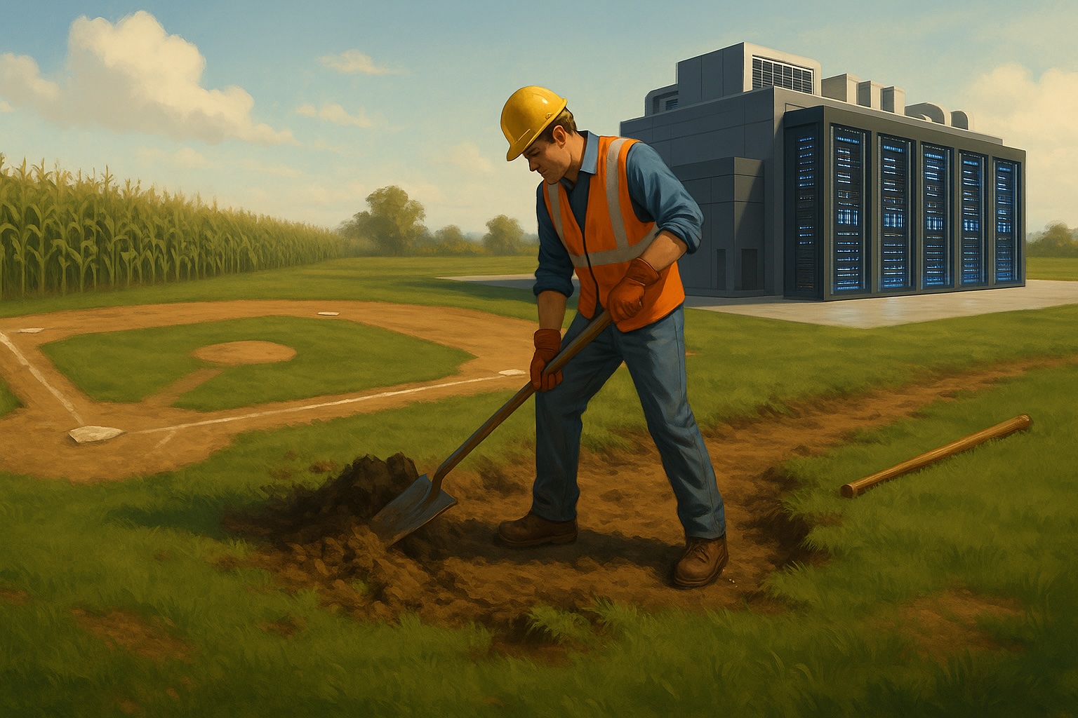 A telco engineer tearing down a Field of Dreams-style baseball diamond and replacing it with a futuristic data center p