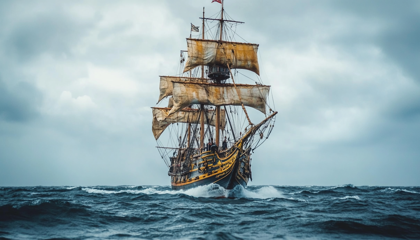 pirate ship in stormy ocean