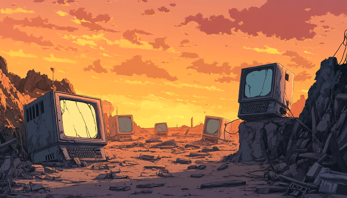 broken computers in wasteland