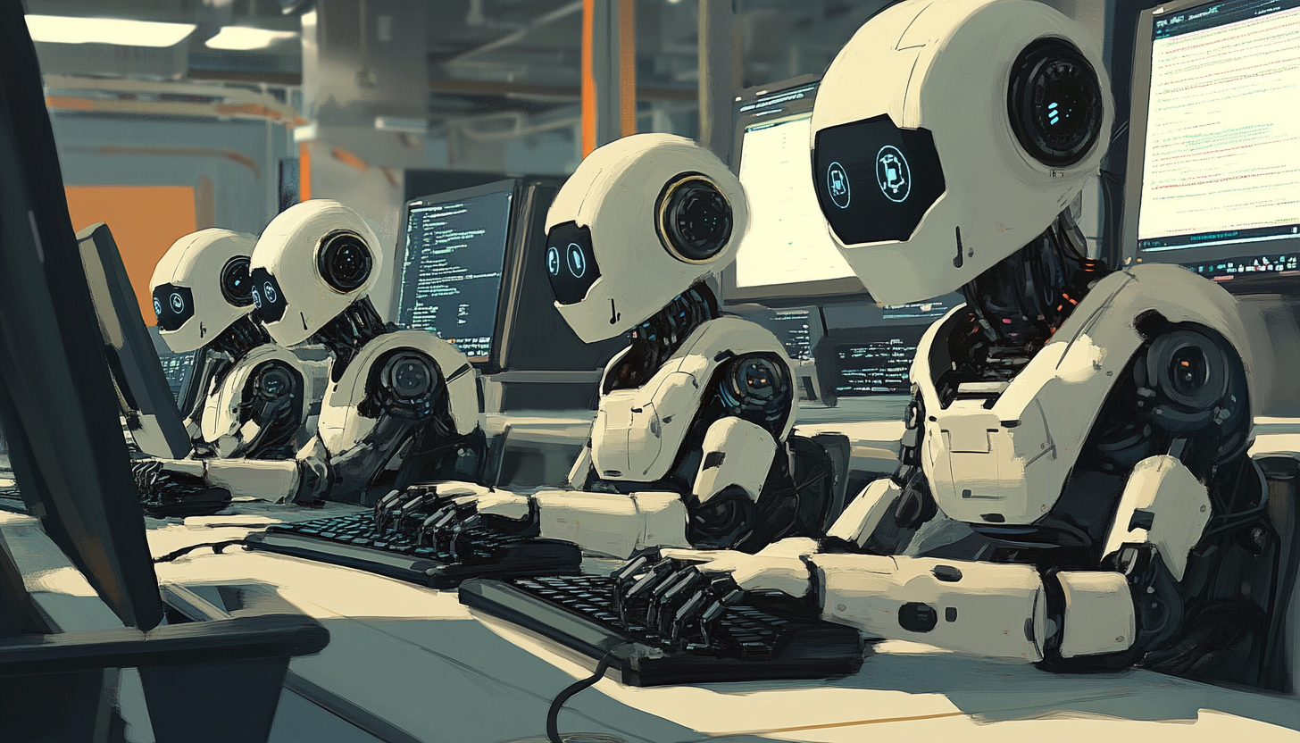 robots typing in an office