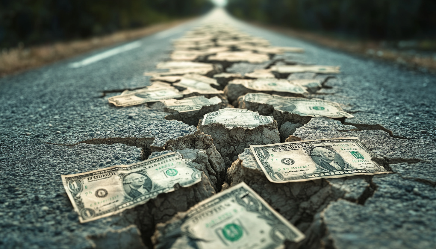 road with money falling through cracks