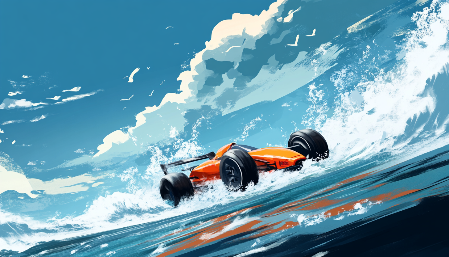 racecar riding a wave
