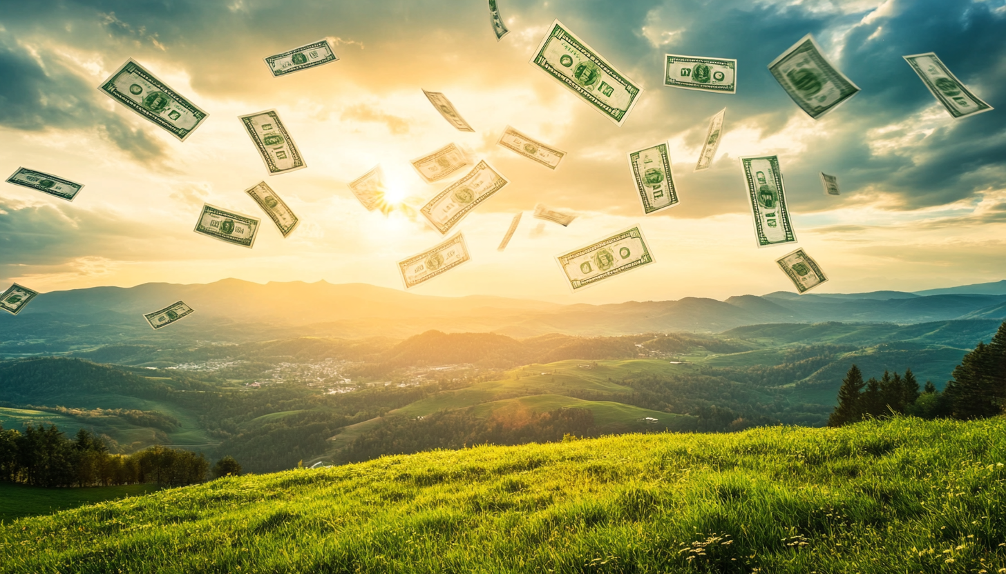 dollar bills flowing over green landscape