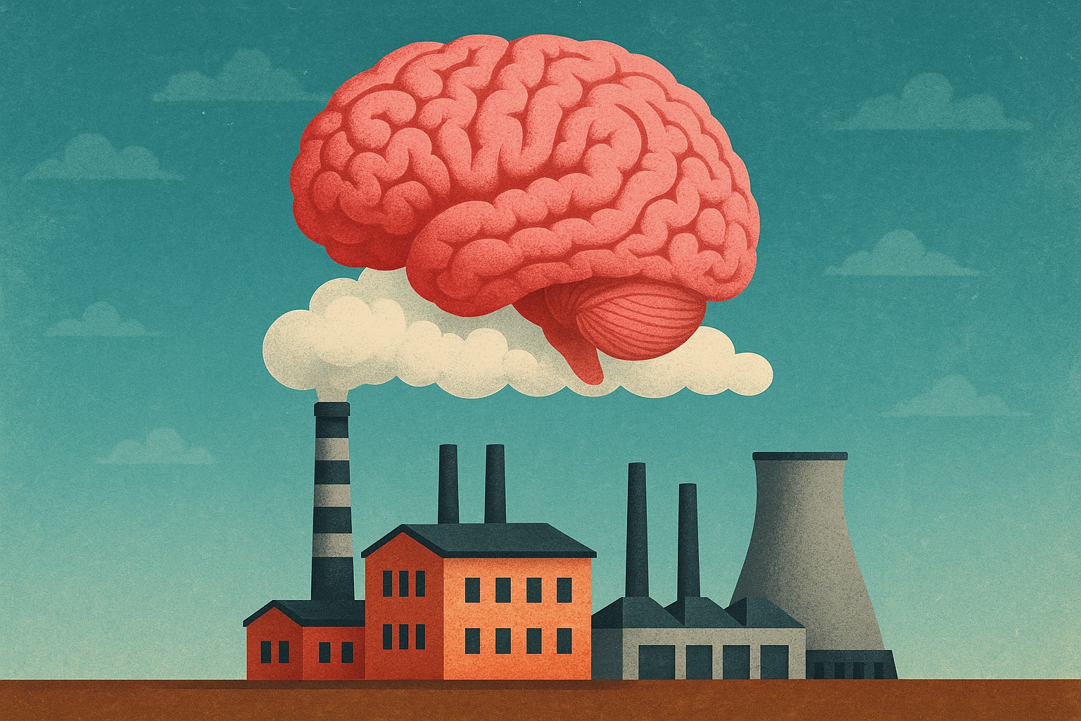 Cartoonish factory with a brain on a cloud