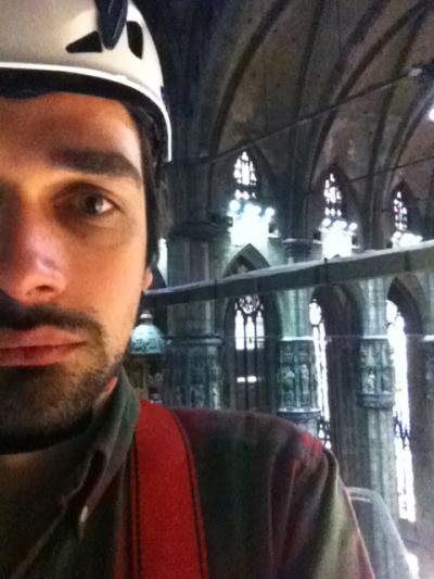 The designer in the heights of the cathedral.