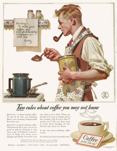 Vintage coffee ad from 1941 of a man wearing an apron smoking a pipe preparing coffee