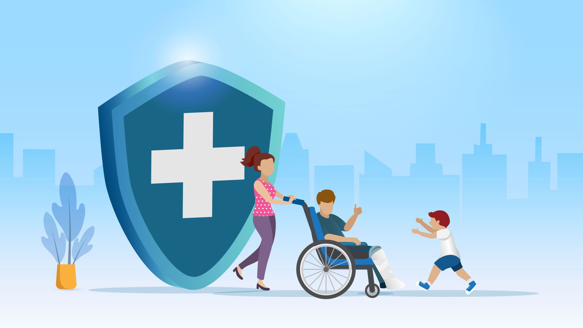 Health insurance shield protects man with broken leg in wheelchair 