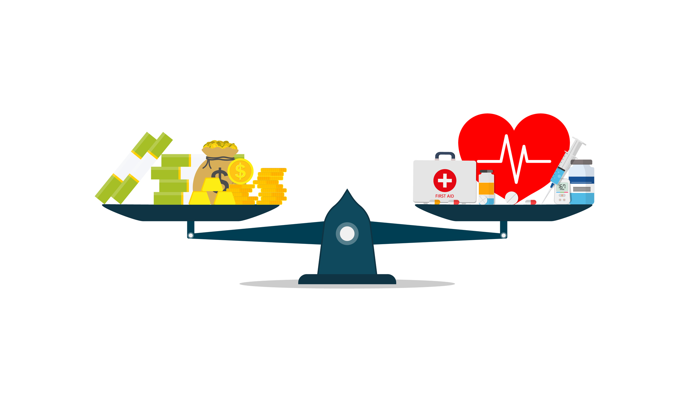 Scale of balance between money dollar and medicine pill