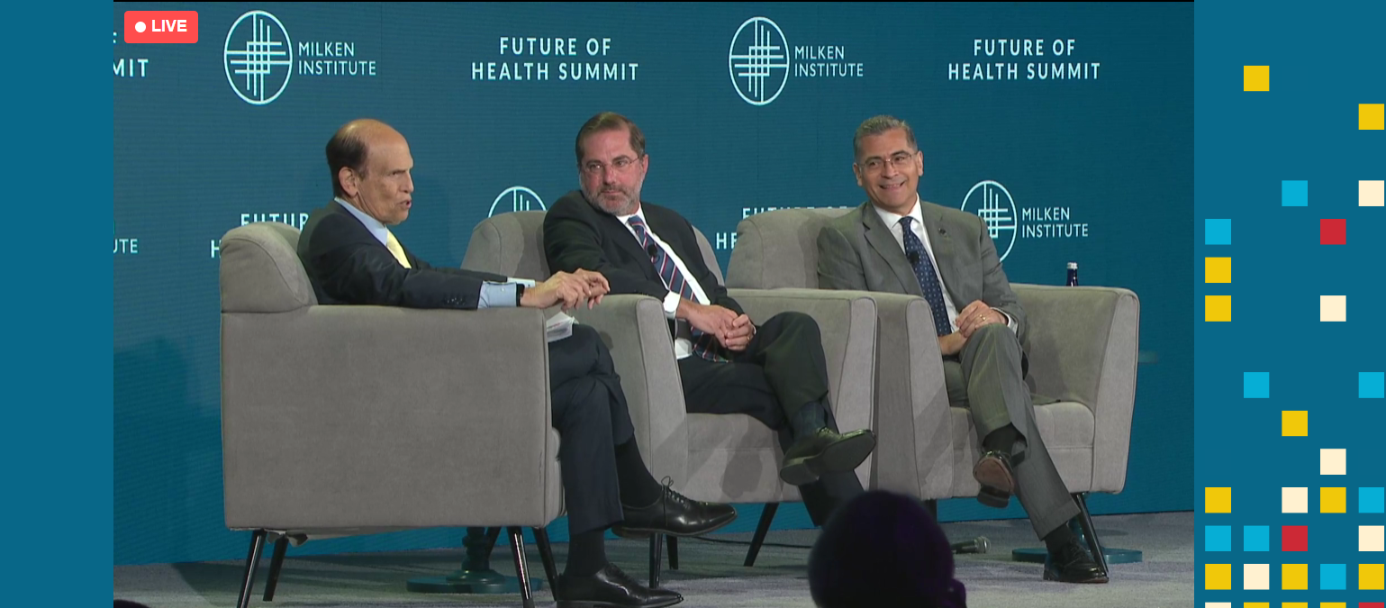 screenshot of virtual Milken Health event with HHS secretaries Alex Azar and Xavier Becerra