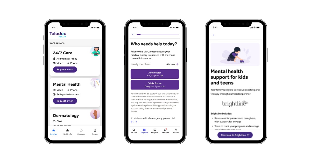 three smartphones with screenshots of Teladoc Brightline app