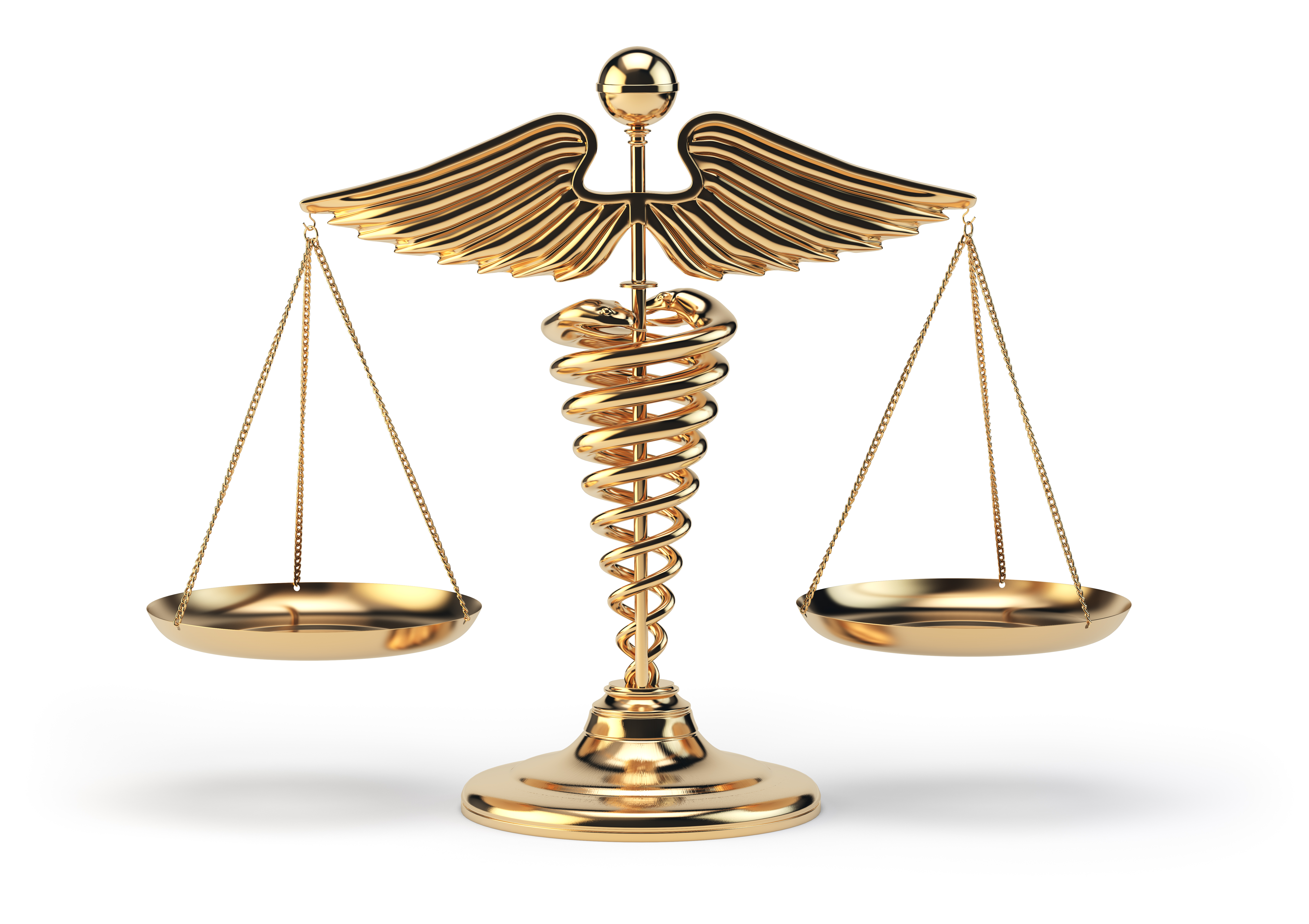 Medical caduceus symbol staff of Hermes holding up legal scales