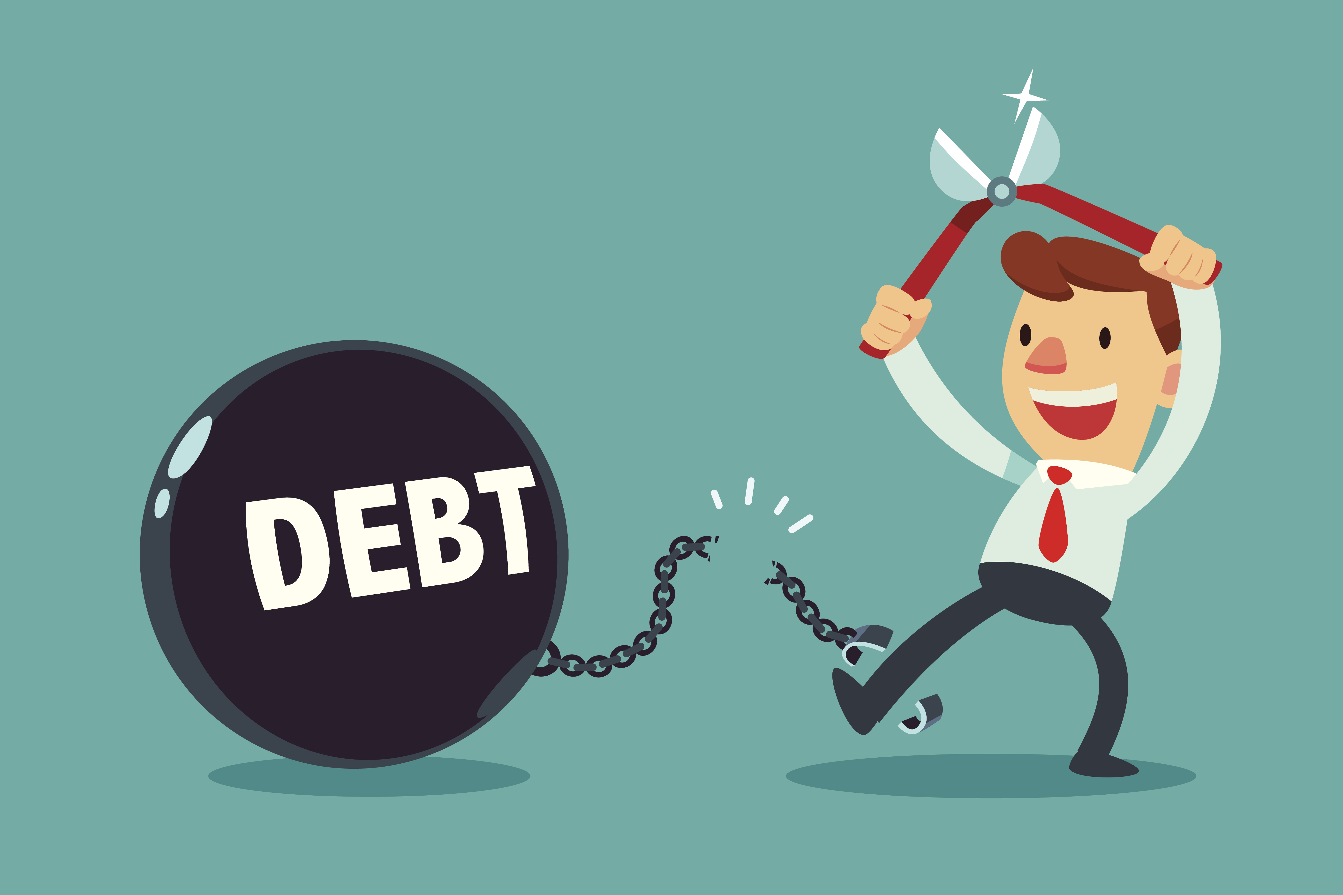 Illustration of man cutting himself free from a chain attached to a ball that says debt