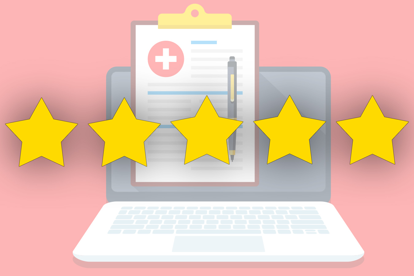 A computer on a pink background with five gold stars in front of it