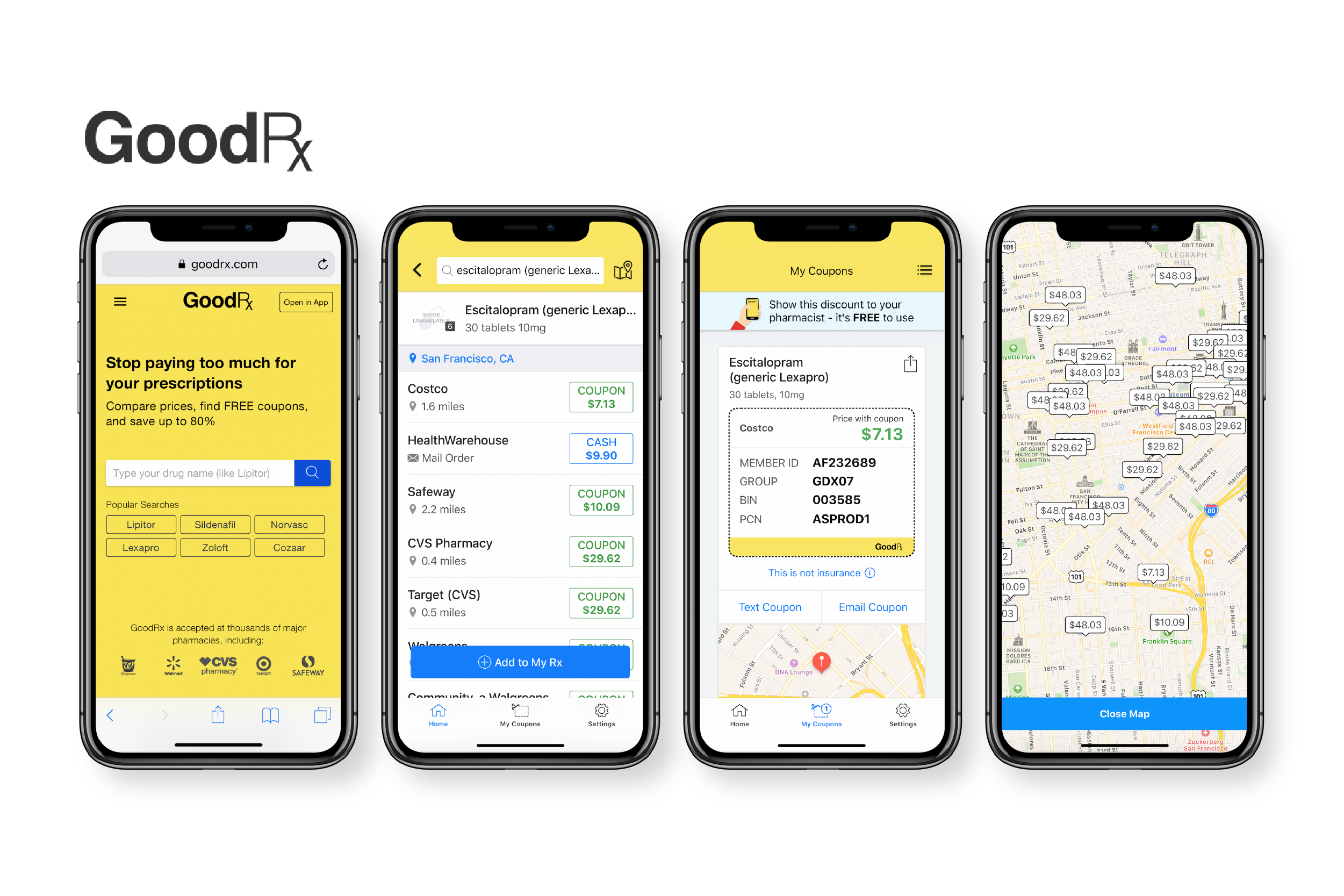 smartphone screens showing the GoodRx prescription discount app